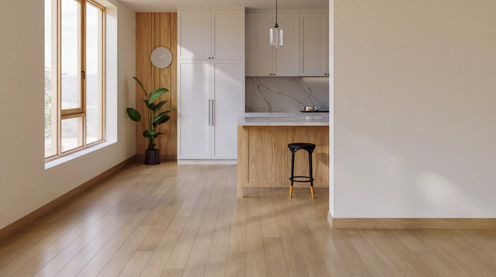 Intérieur résidentiel avec artisan à genoux installant un parquet contrecollé aspect chêne naturel sur sous-couche isolante