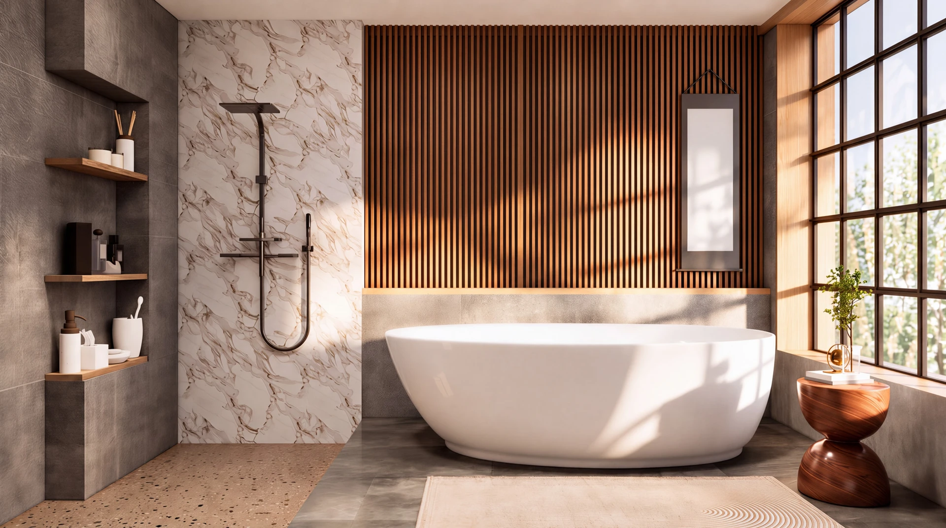 Salle de bain moderne avec douche à l'italienne équipée d'un receveur de douche extra-plat beige et bonde d'évacuation centrale