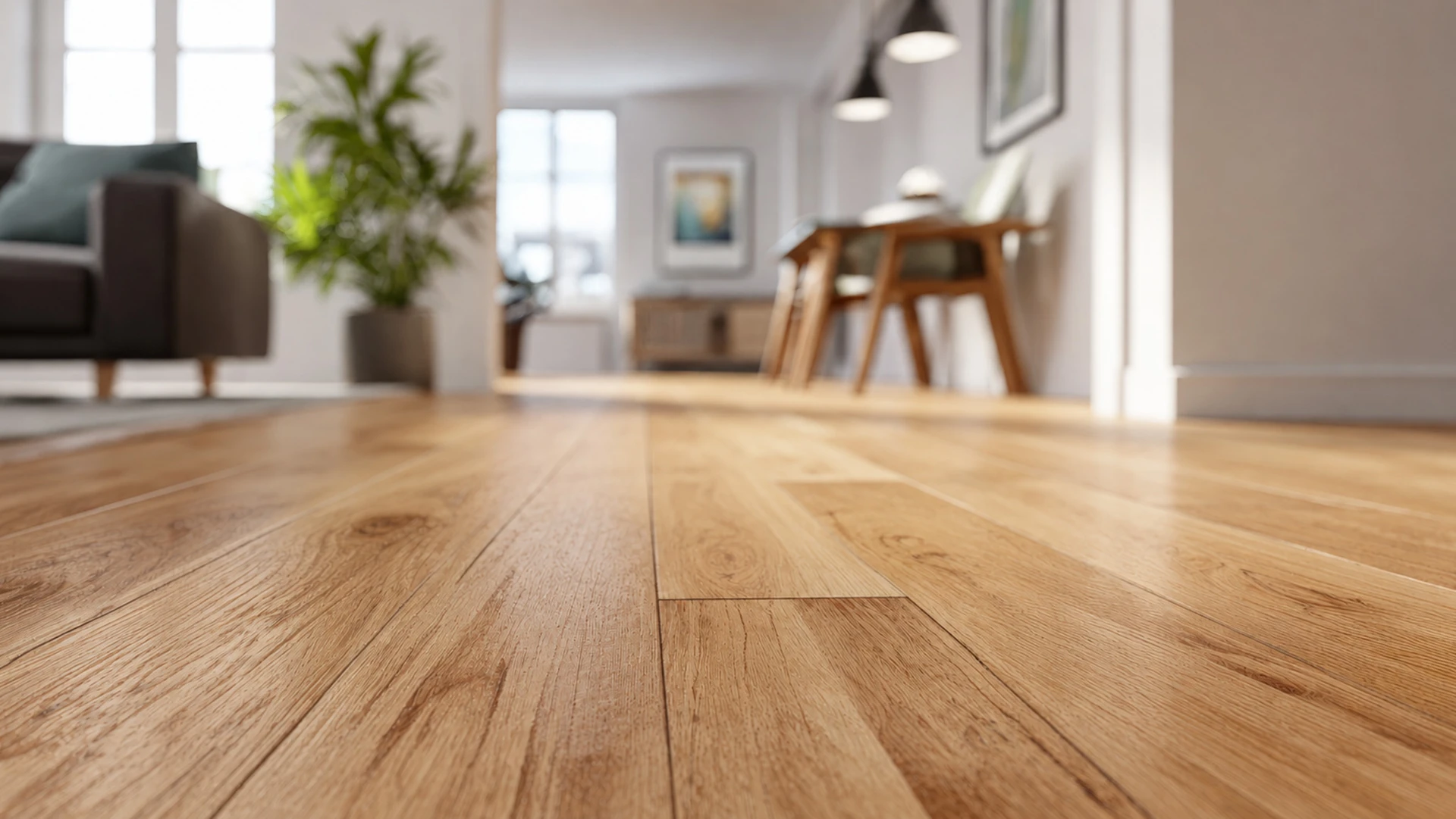 Intérieur résidentiel avec artisan à genoux installant un parquet contrecollé aspect chêne naturel sur sous-couche isolante